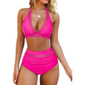Women's two-piece polyester bikini set shown in black, rose red and leopard print colours