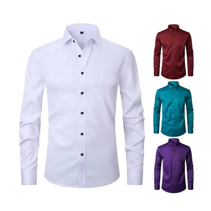 Men's long sleeve polyester work shirt on a hanger, shown in a light colour, demonstrating its professional style.