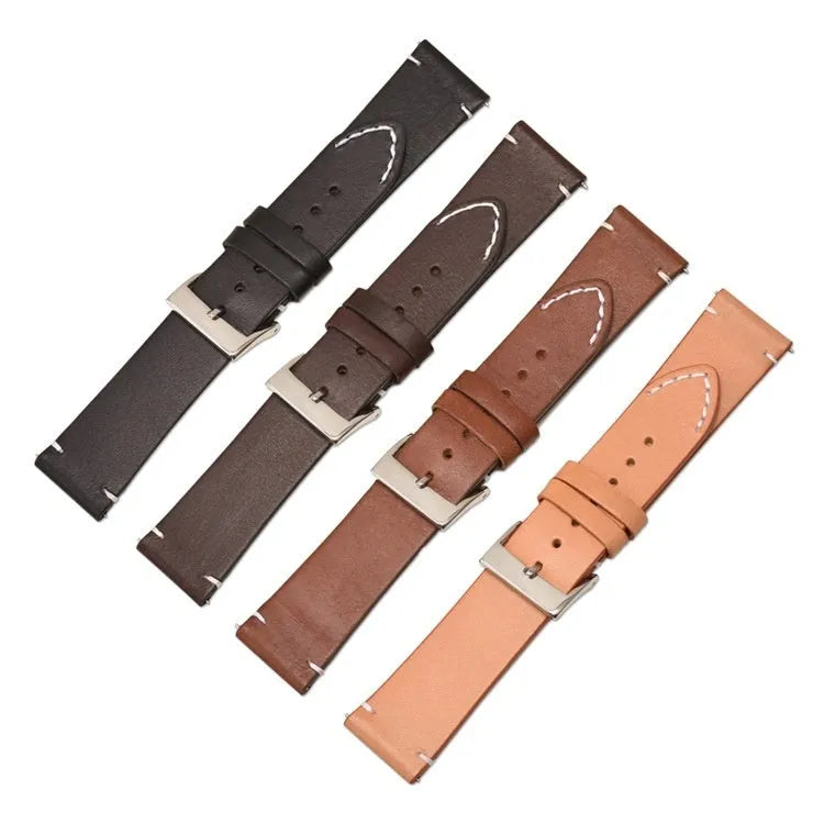 Leather watch strap with stainless steel pin buckle, available in black, dark brown, light brown, or yellow, 12mm to 24mm width, 2mm thick.