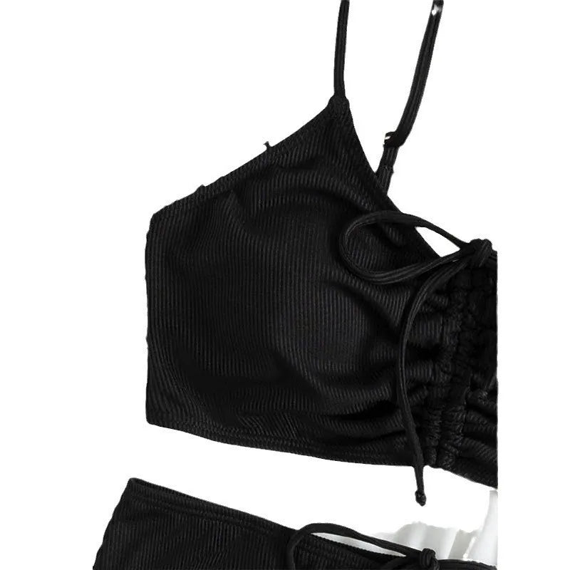 Black women's high waist bikini swimsuit with sling split design and sleeveless cut