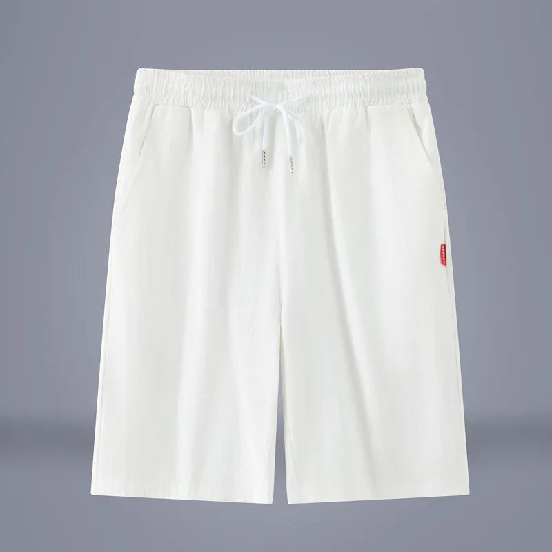 Solid colour cotton linen cropped trousers in Chinese style with drawstring waist