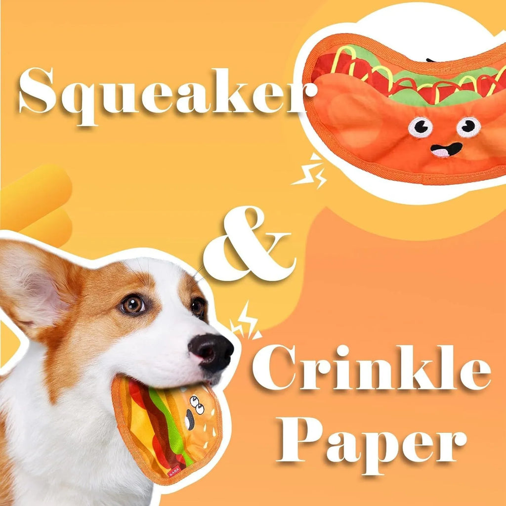 Food-shaped dog toys including hamburger, fries, hot dog and pizza designs with crinkle and squeak features