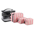 Pink bold stripes floral pattern waterproof synthetic leather makeup buggy bag