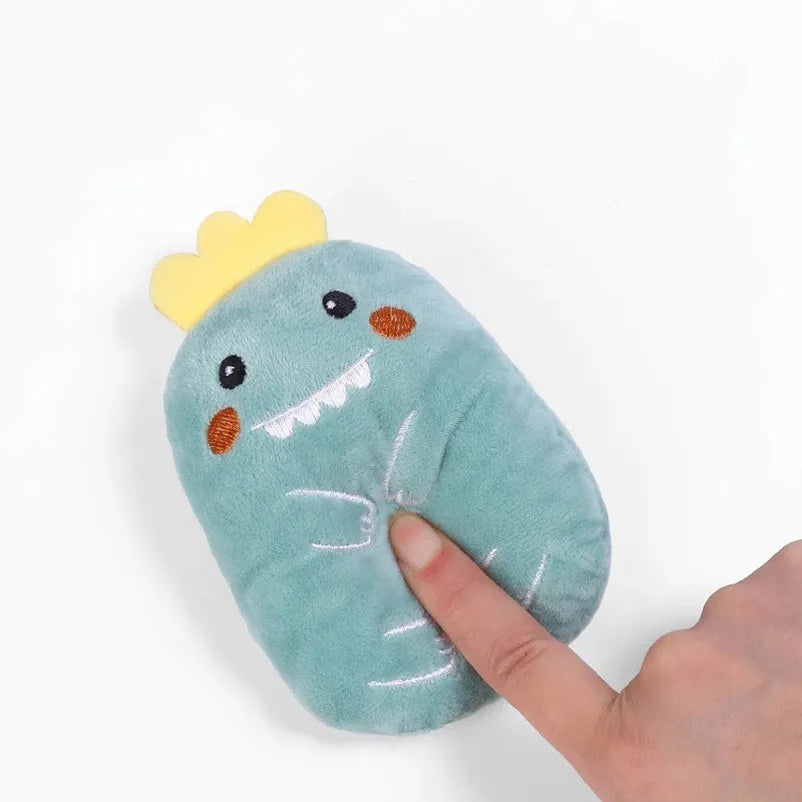 Set of four small coloured plush cat chew toys with catnip, shown next to a measuring tape indicating 11 cm length.