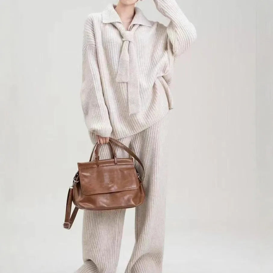 Sweater suit two-piece set with knit top and casual trousers in acrylic fibre imitation cashmere fabric