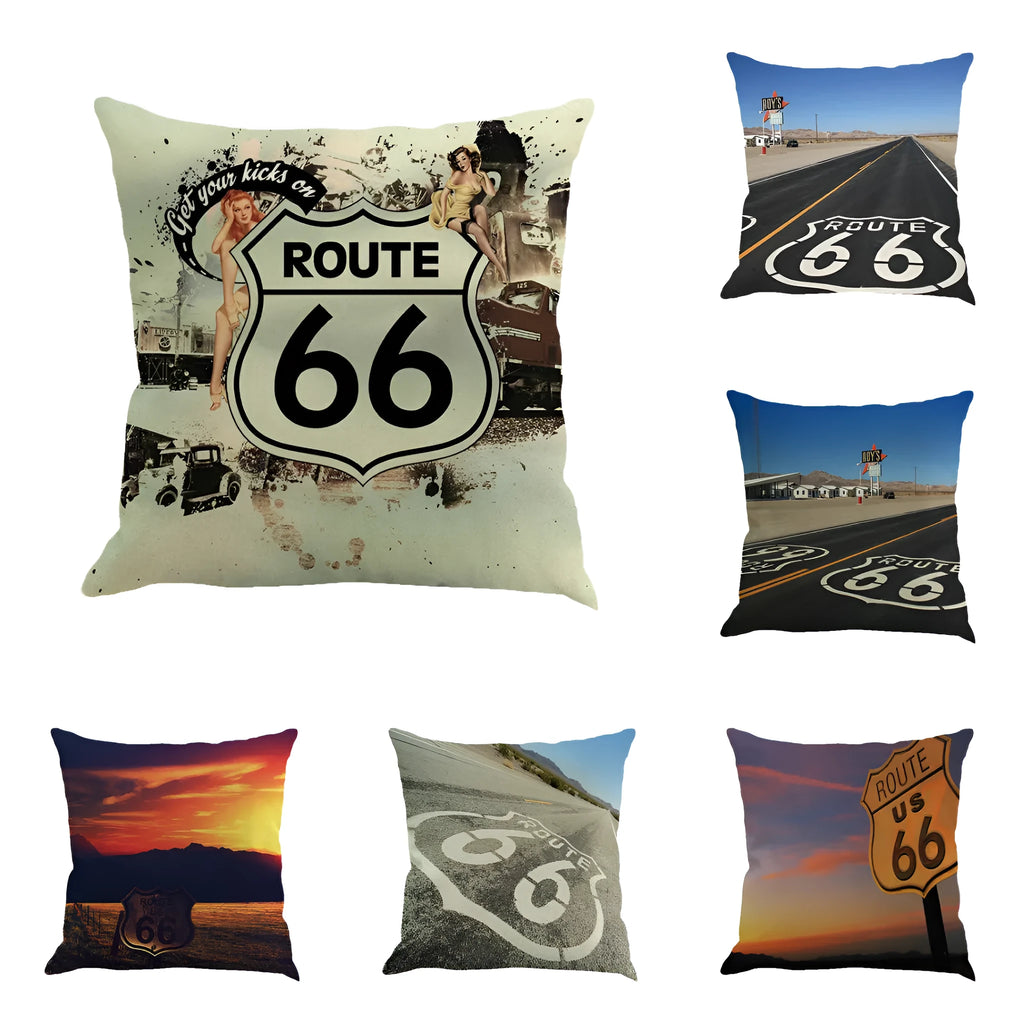Route 66 scenic landscape printed on a 45x45 cm square linen blend cushion cover.
