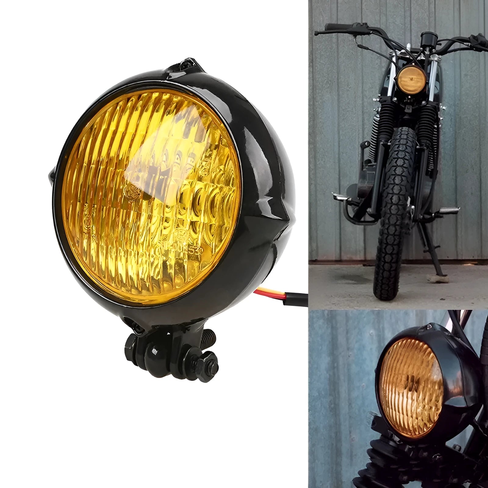Black retro Harley-style halogen headlight unit with an aluminium housing and yellow lens.