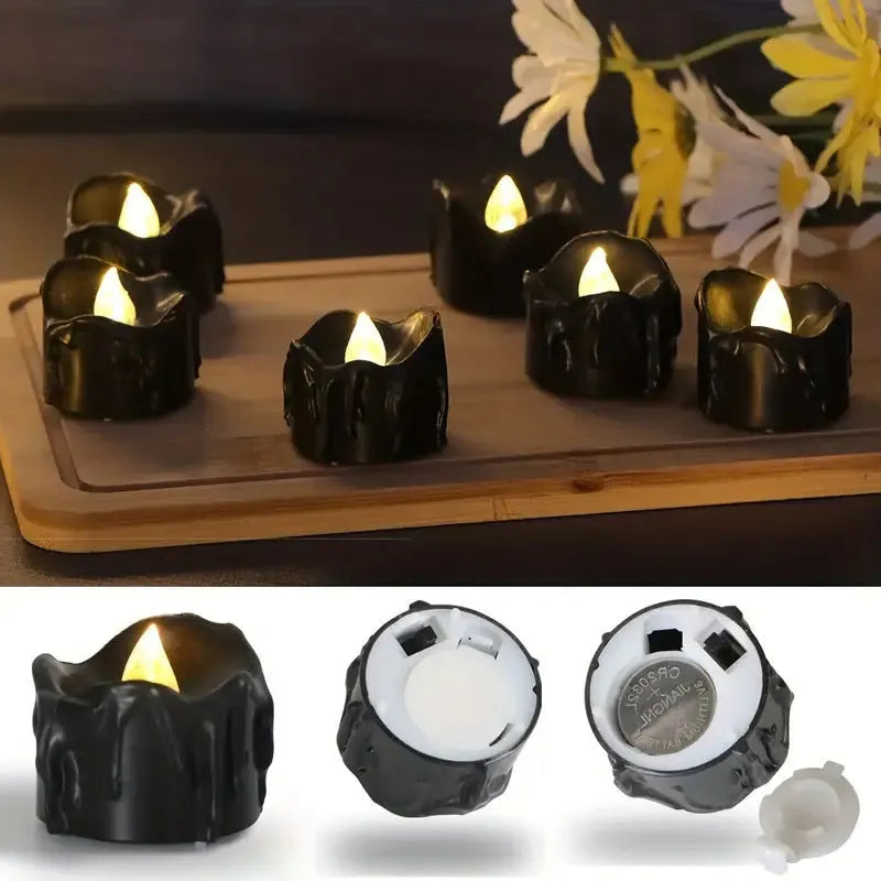 Set of 12 LED electronic wax candles with concave black plastic shells and yellow flash effect for Christmas decor