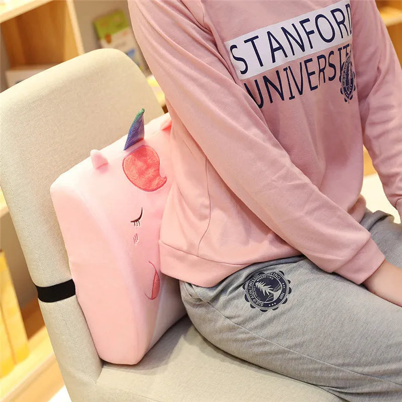 Cartoon memory foam lumbar support cushion with removable core, shown in Pink Unicorn design with embroidery detail.