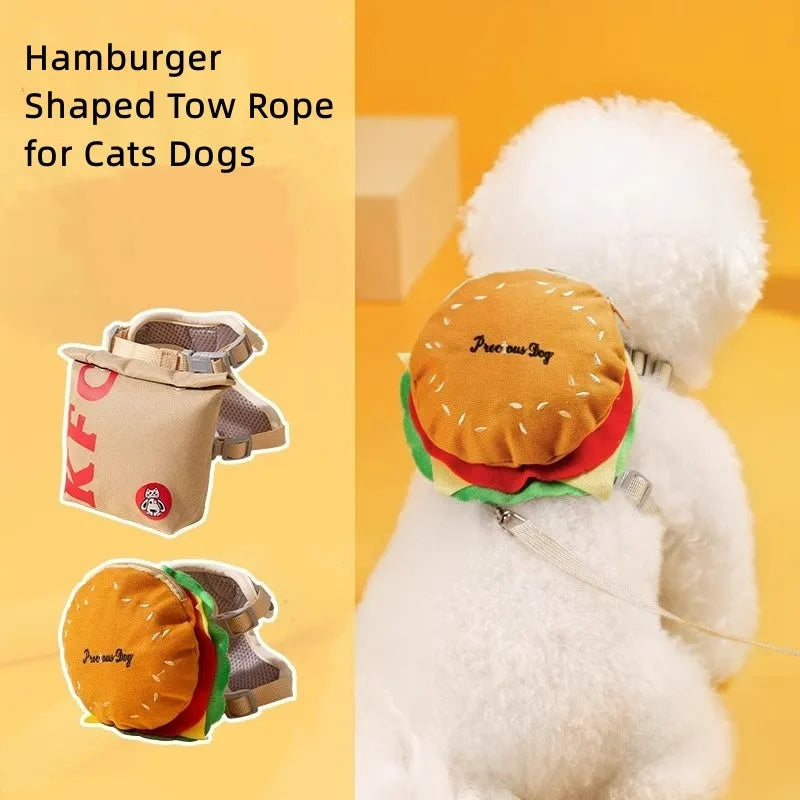 Cute cartoon hamburger print on an adjustable vest-style dog leash and harness.