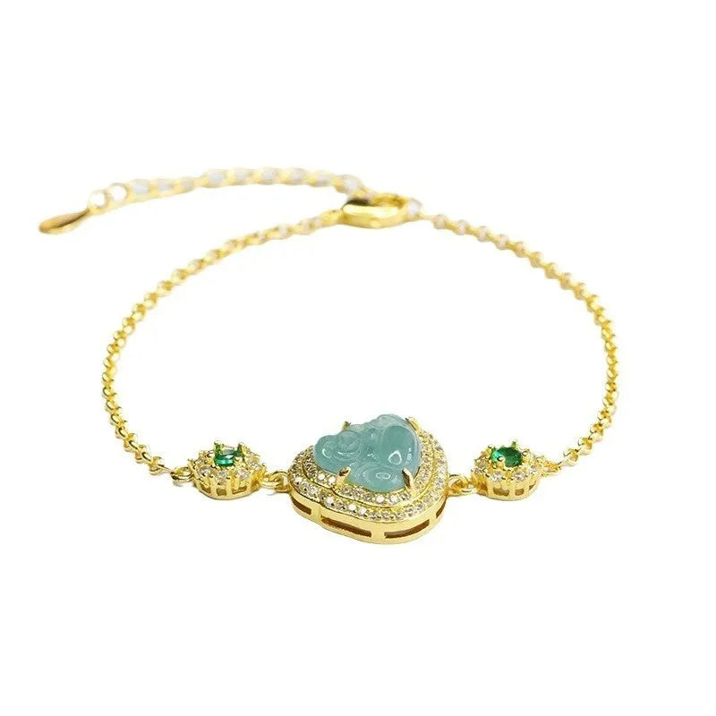 Emerald blue water jade bracelet with inlaid Maitreya Buddha design for women, measuring 10x13mm.