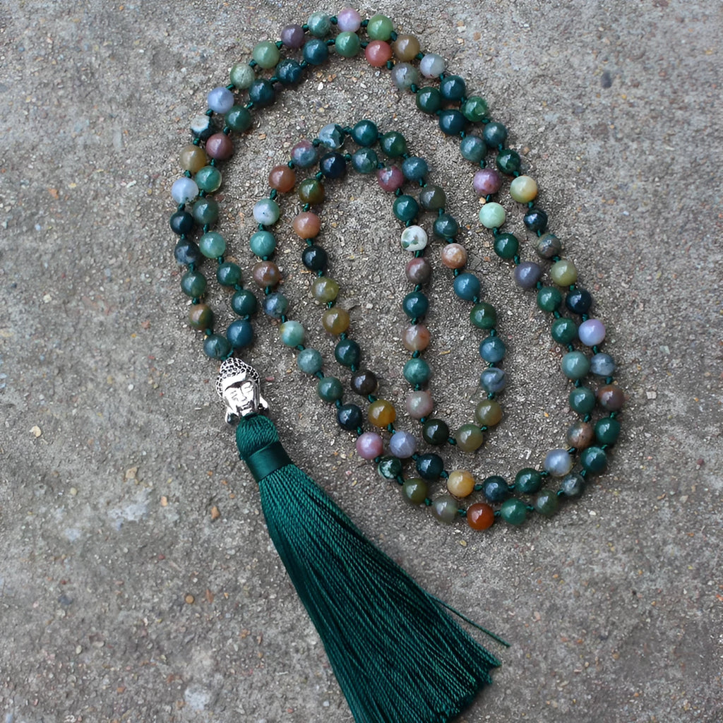 108-bead natural India agate necklace with 6mm geometric stone beads.