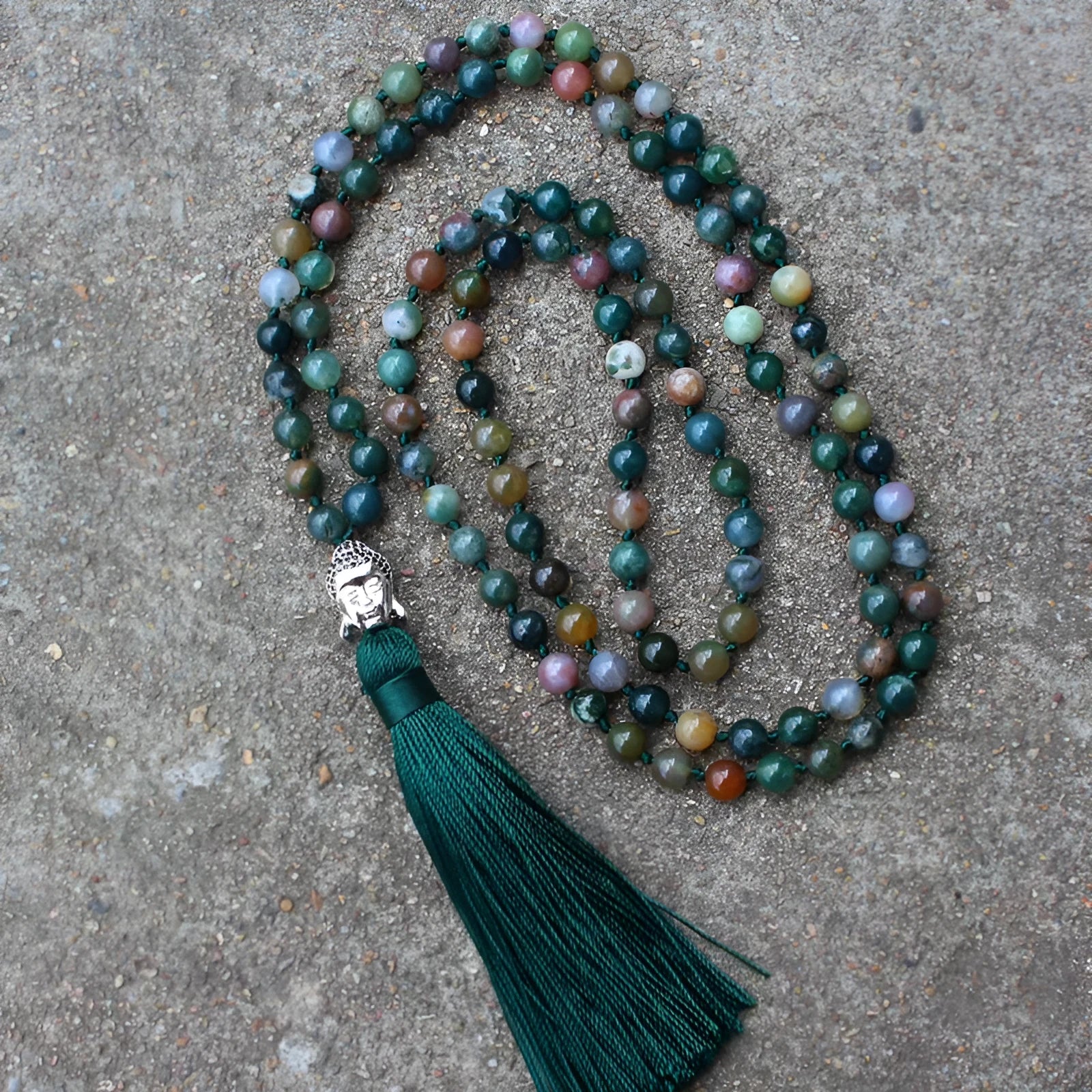 108-bead natural India agate necklace with 6mm geometric stone beads.