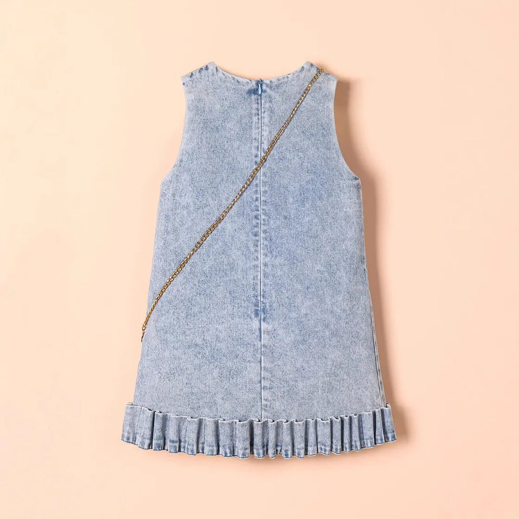 Girl's sleeveless 3D floral denim dress in blue cotton, suitable for height sizes 4Y 5Y 6Y 7Y