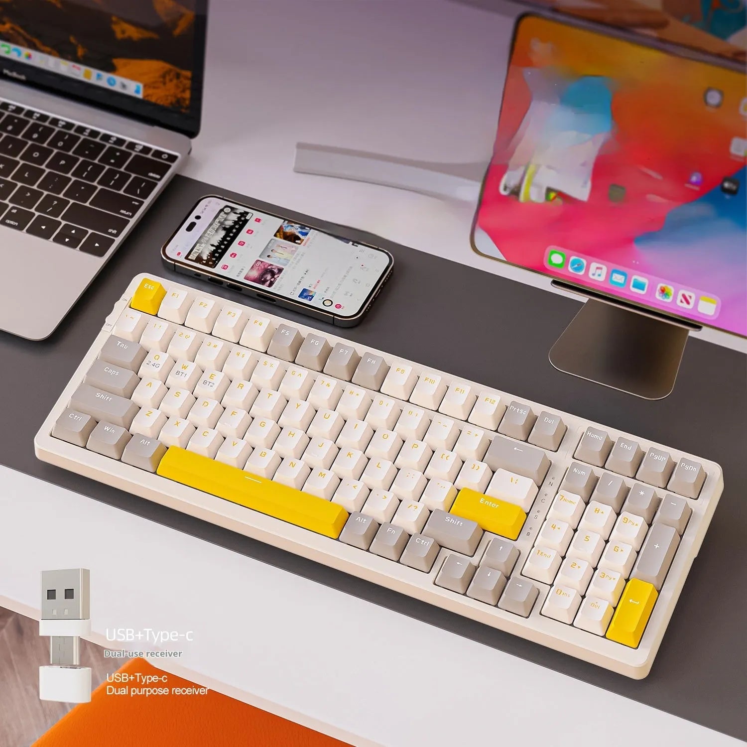 Bluetooth dual-mode mechanical keyboard with compact 39cm design and hot-swappable Kailh red switches