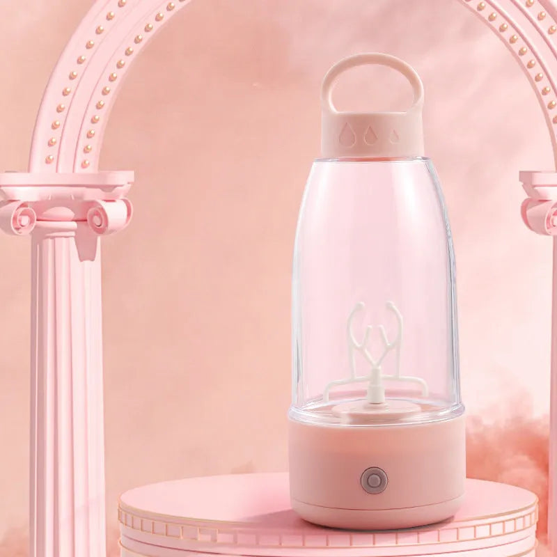 Automatic electric shaker bottle with USB charging port and handle in green, pink or white.