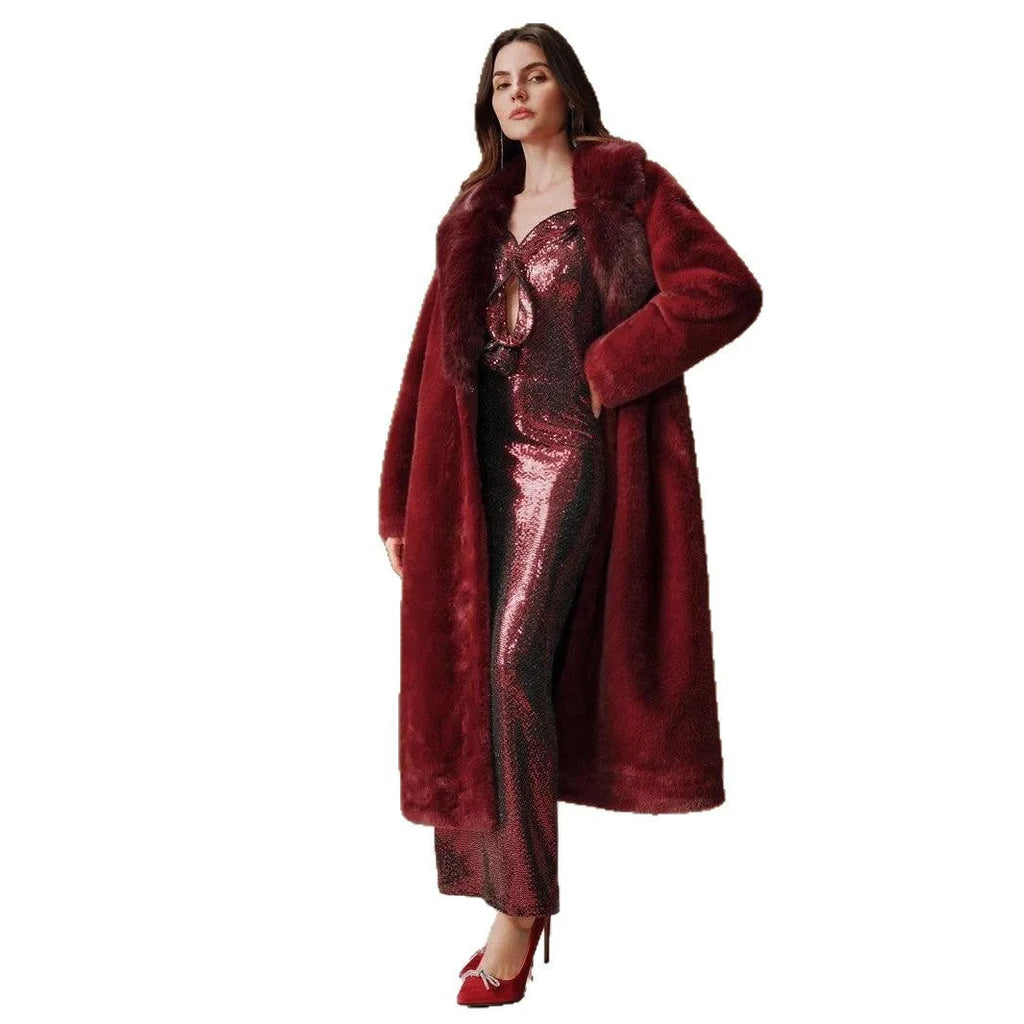 Women's longline faux fur coat in wine red or camel colour, 100cm length