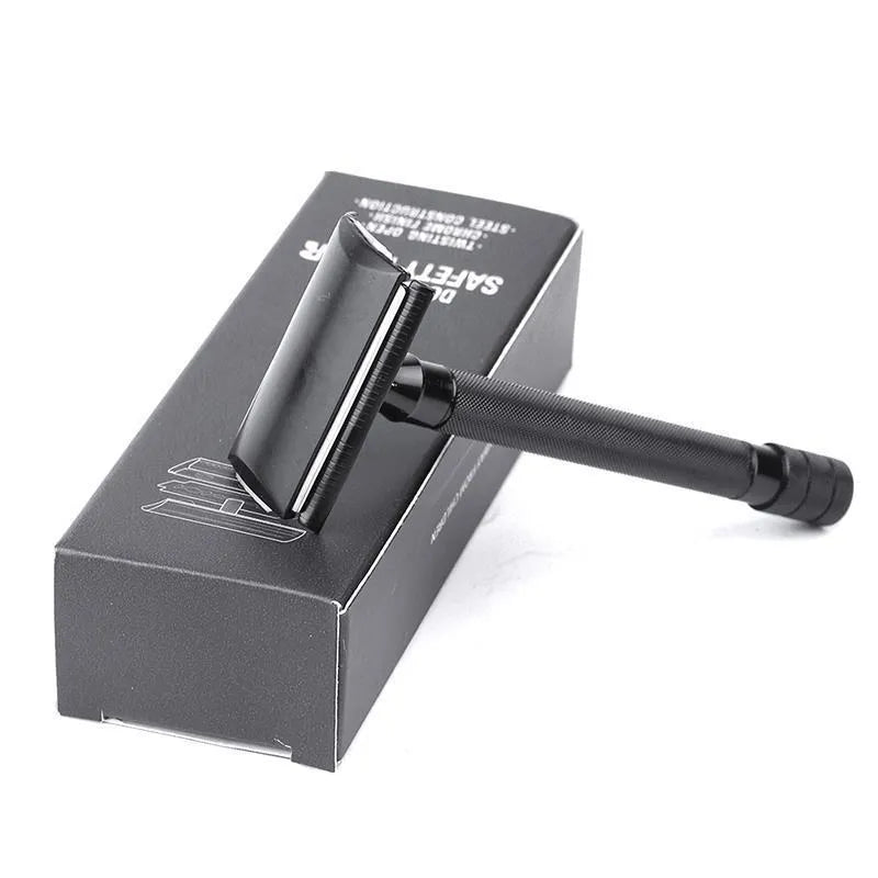 Traditional manual shaving razor with brush combination set in black or silver finish