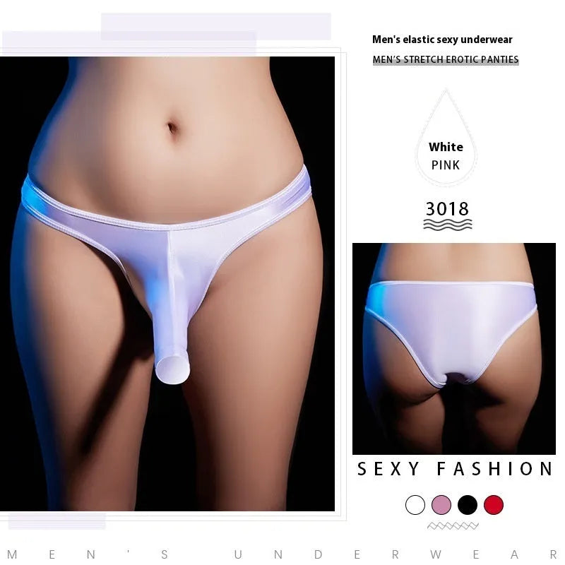 Men's low waist T-back underwear in shiny nylon fabric on a colour background