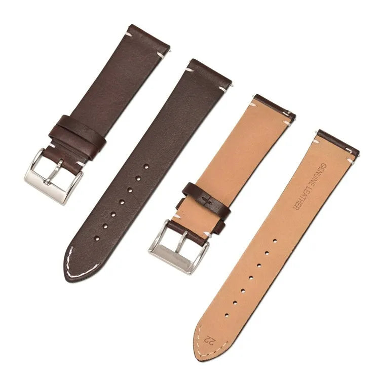 Leather watch strap with stainless steel pin buckle, available in black, dark brown, light brown, or yellow, 12mm to 24mm width, 2mm thick.