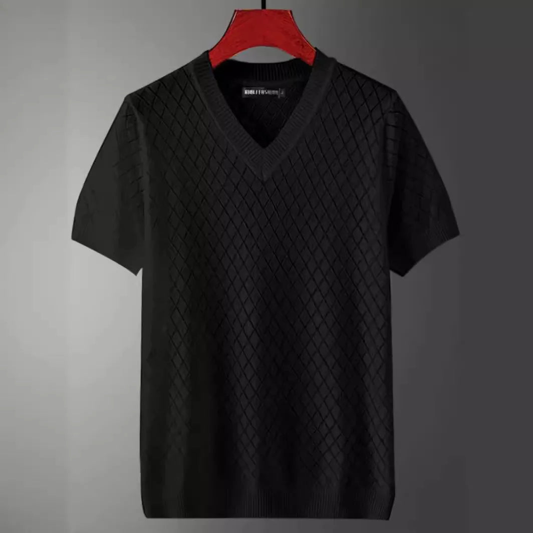 Men's black and white ice silk t-shirts showing V-neck and round neck options on a hanger.