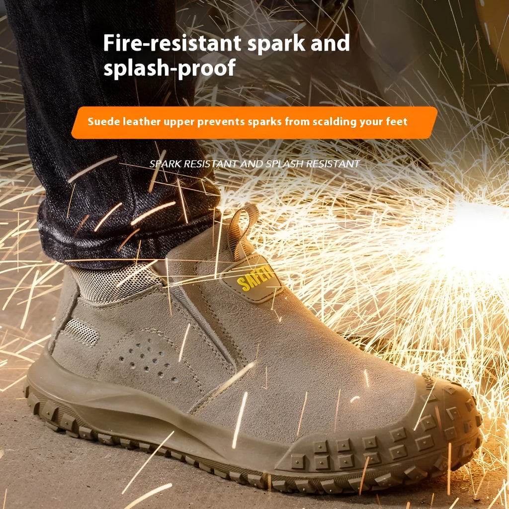 Mid-calf steel toe safety work boots in grey colour with suede leather and steel cloth upper for welding and industrial use
