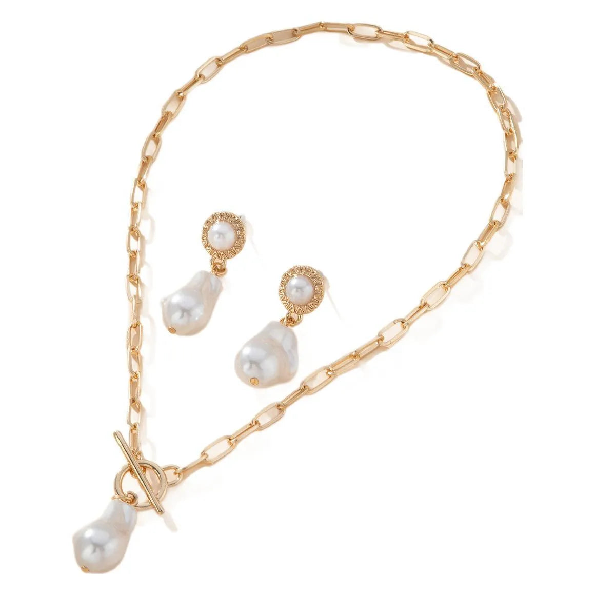 Gold-tone retro baroque necklace and earring set with a pearl pendant on an iron chain.
