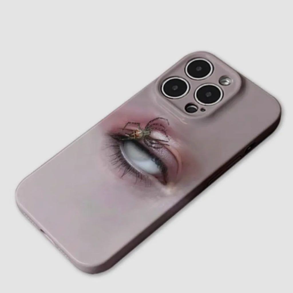 Dark heterochromatic spider pattern resin phone case for iPhone 15 Pro Max with frosted finish.