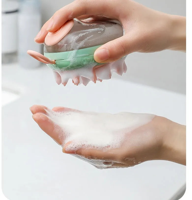 Blue pet bath brush and shampoo dispenser with soft silicone bristles and a hang hole