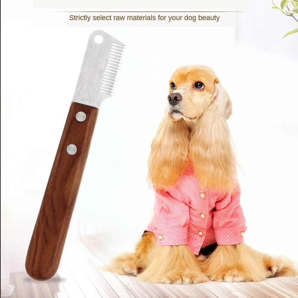 Wooden dog hair removal knife with double-sided blade, left-hand size 15.8cm