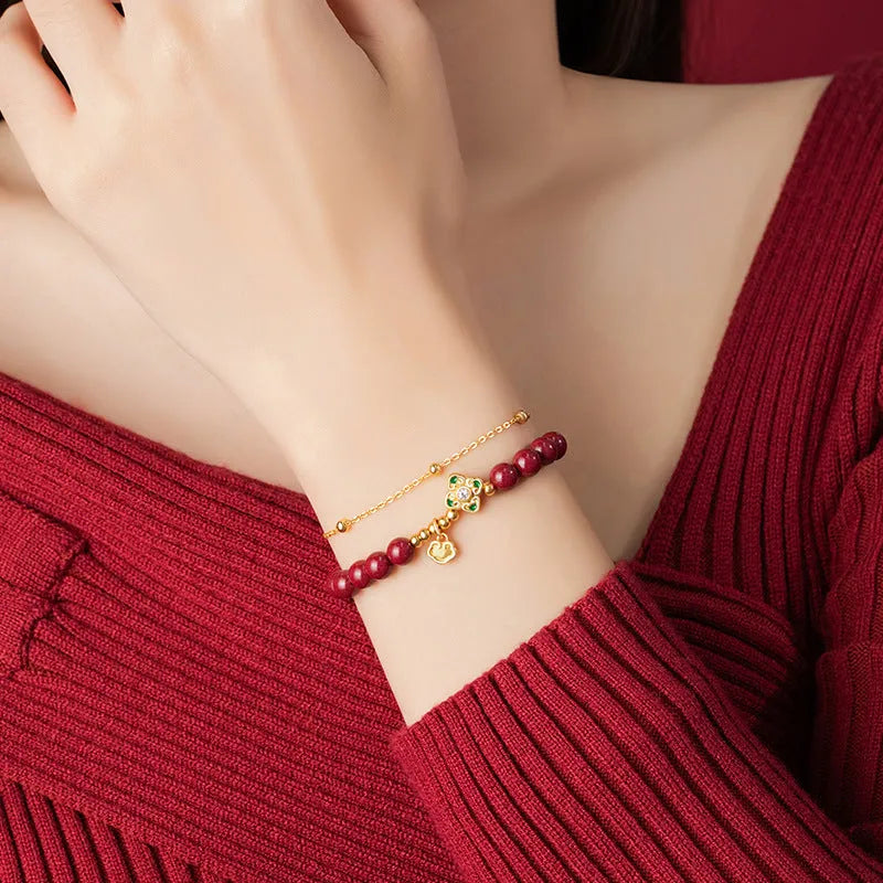 Women's sterling silver bracelet with Ruyi, Xiangyun and cinnabar flower design in colour S0495