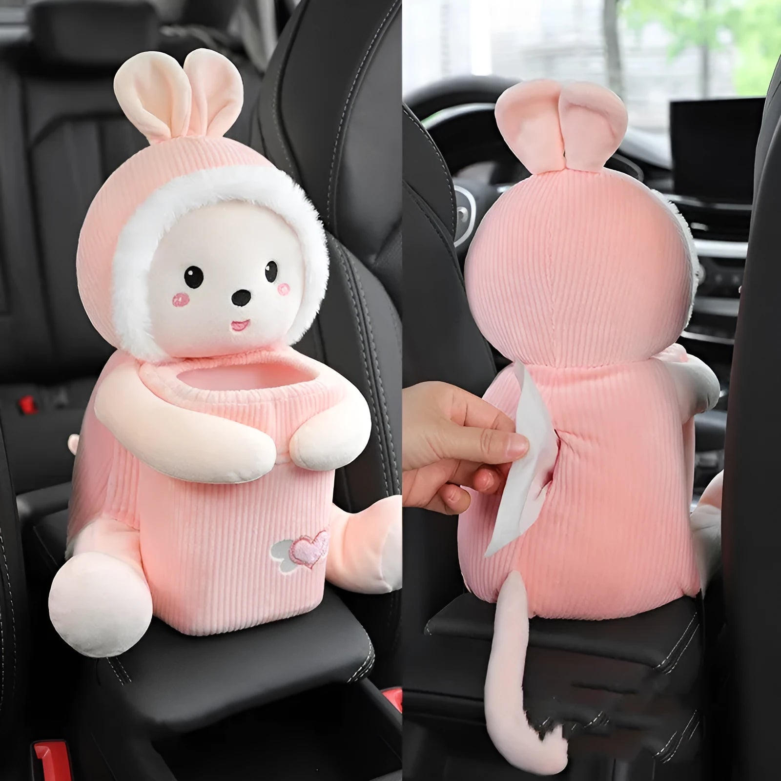 Plush car tissue box and trash can two-in-one unit in pink soft rabbit design on car centre console