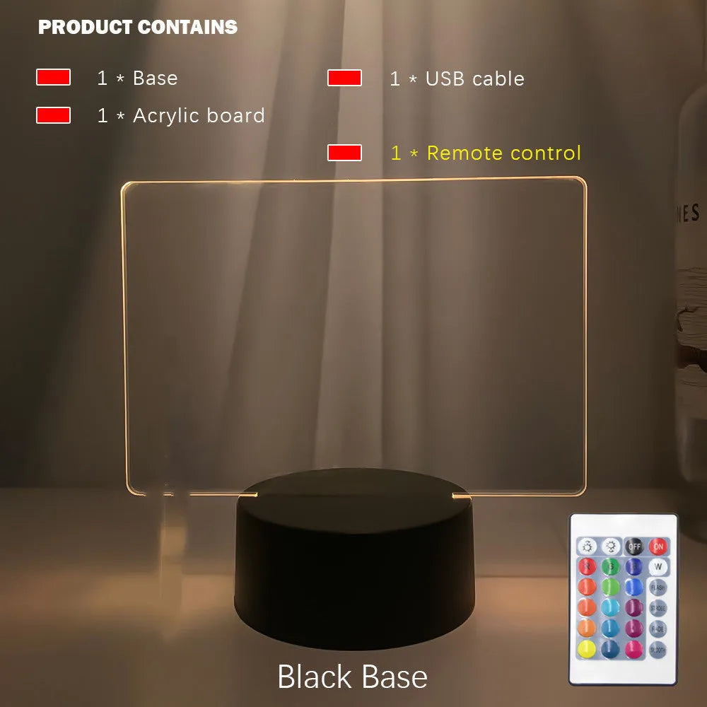 Rewritable night light with acrylic display panel, ABS base, and USB cable showing a drawn message
