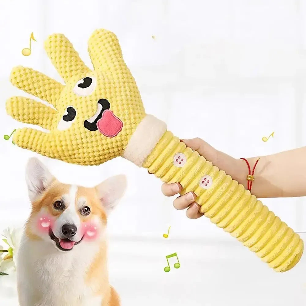 Yellow palm-shaped squeaky plush dog teething toy with bite-resistant fabric, soft texture, and compact size for puppy chewing play