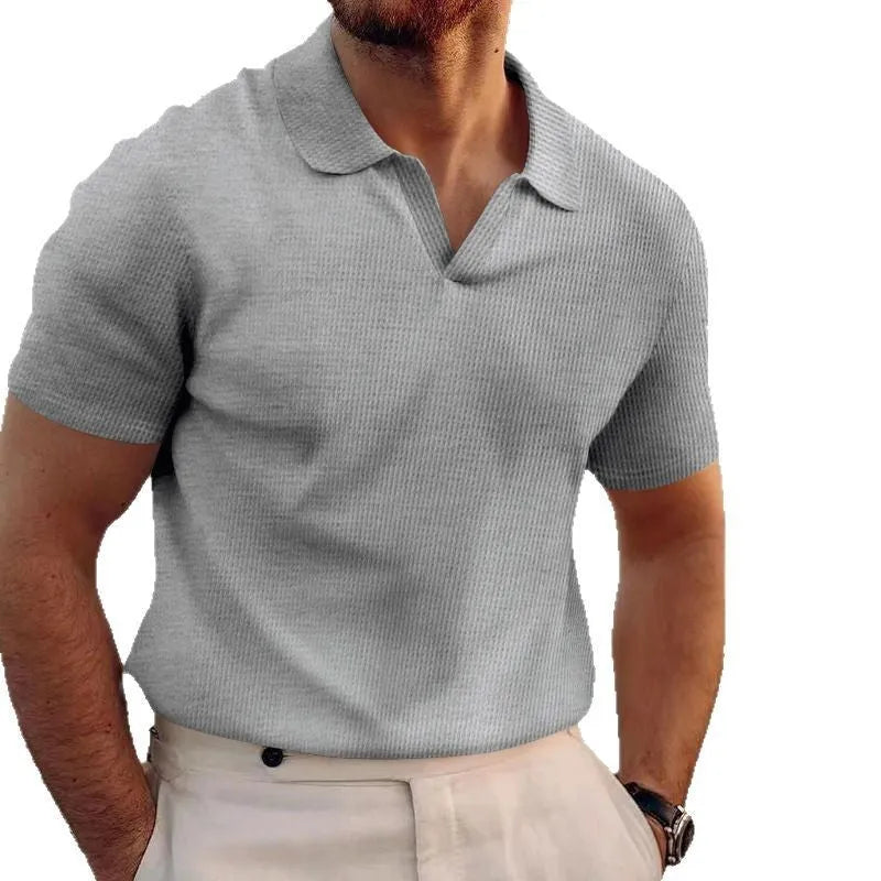 Men's slim fit t-shirt with heavy waffle texture in blue colour, showing short sleeves and textured fabric detail