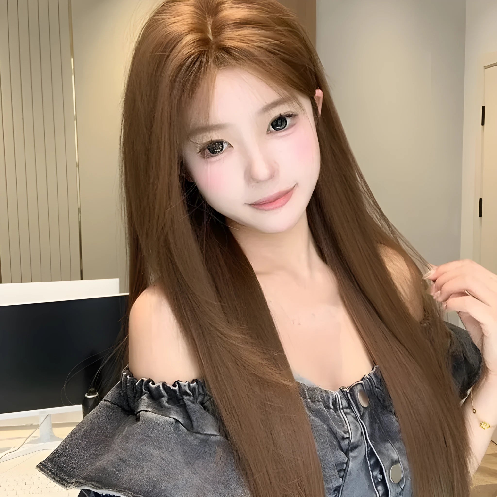 Centre-parted bangs long straight wig in warm brown with forehead lace front