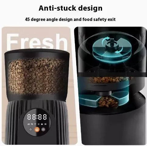 Black and white automatic intelligent pet feeder with USB cable for timed, portion-controlled feeding.