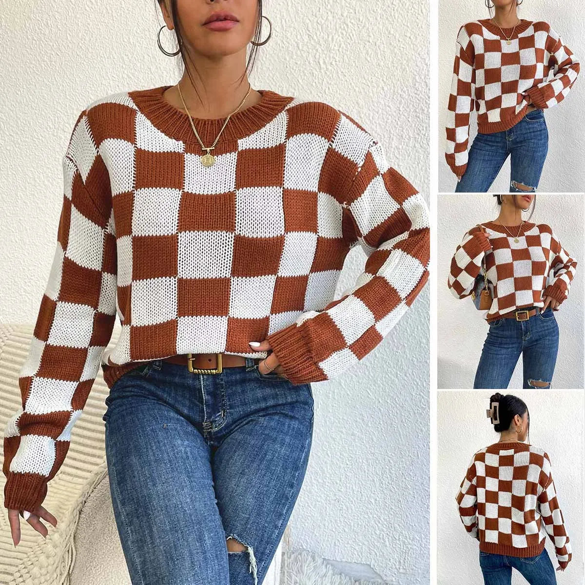Dark brown plaid loose fit acrylic pullover sweater with long sleeves on a hanger.