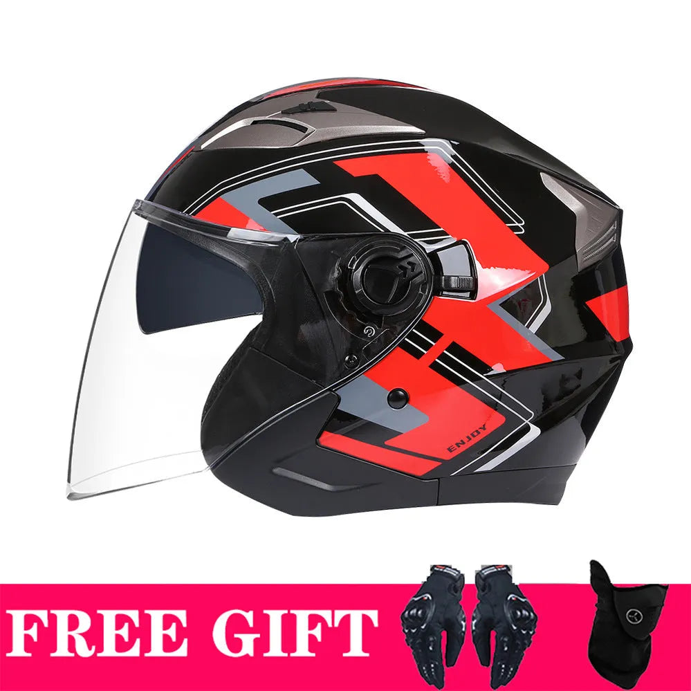 Retro motorcycle helmet with double lens in matte black ABS shell