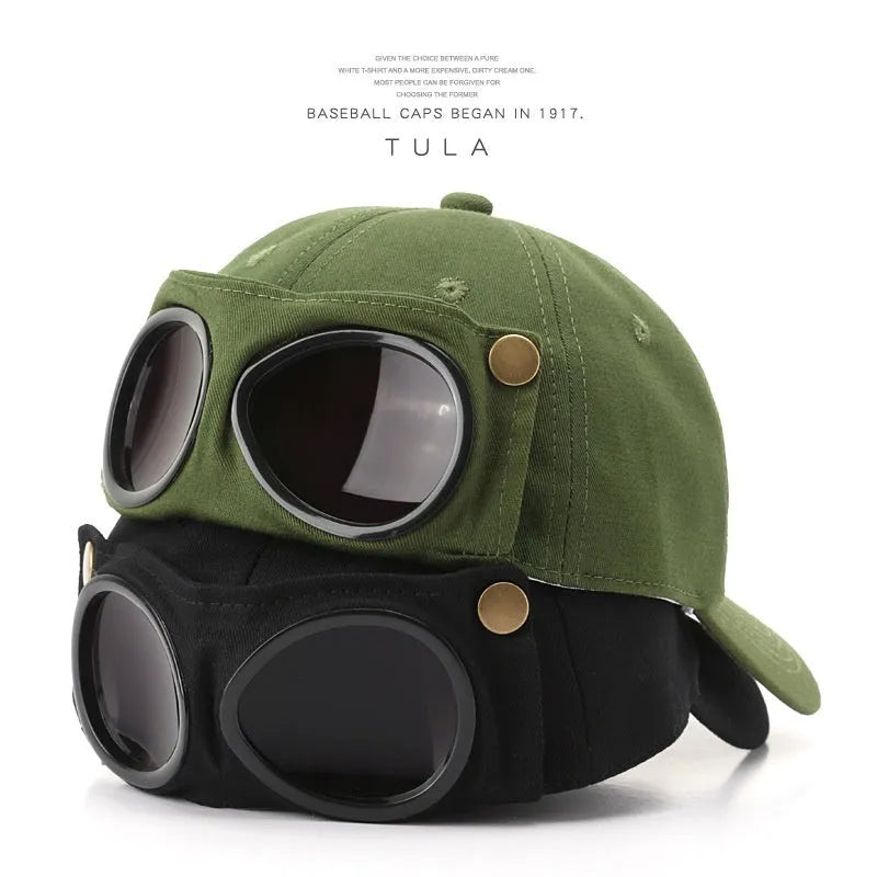 Men's cotton peaked cap in free size with dome crown, satin processing, and letter detailing, shown in monochrome design.
