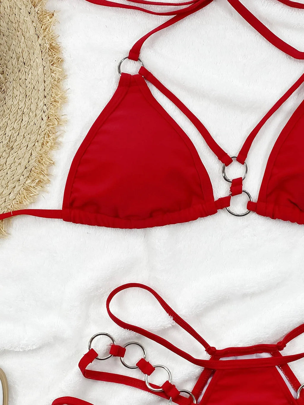 Women's pure colour nylon bikini set with separate top and shorts on a neutral background.