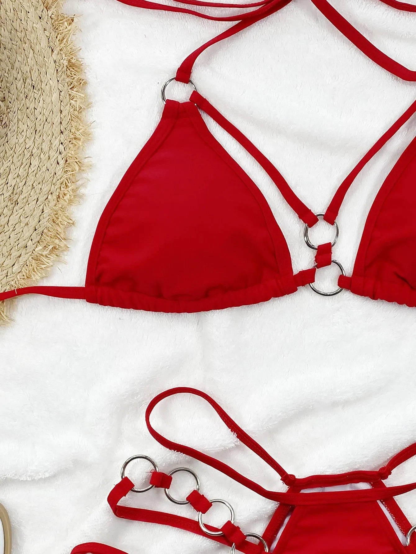 Women's pure colour nylon bikini set with separate top and shorts on a neutral background.