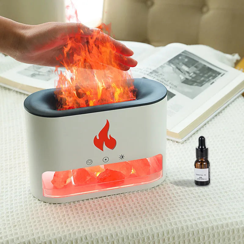 Square white flame effect humidifier with crystal salt stone and USB connection on wooden desk