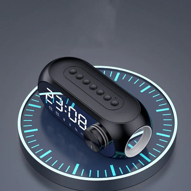 S8 Black portable USB mini clock radio with extra bass on a table.