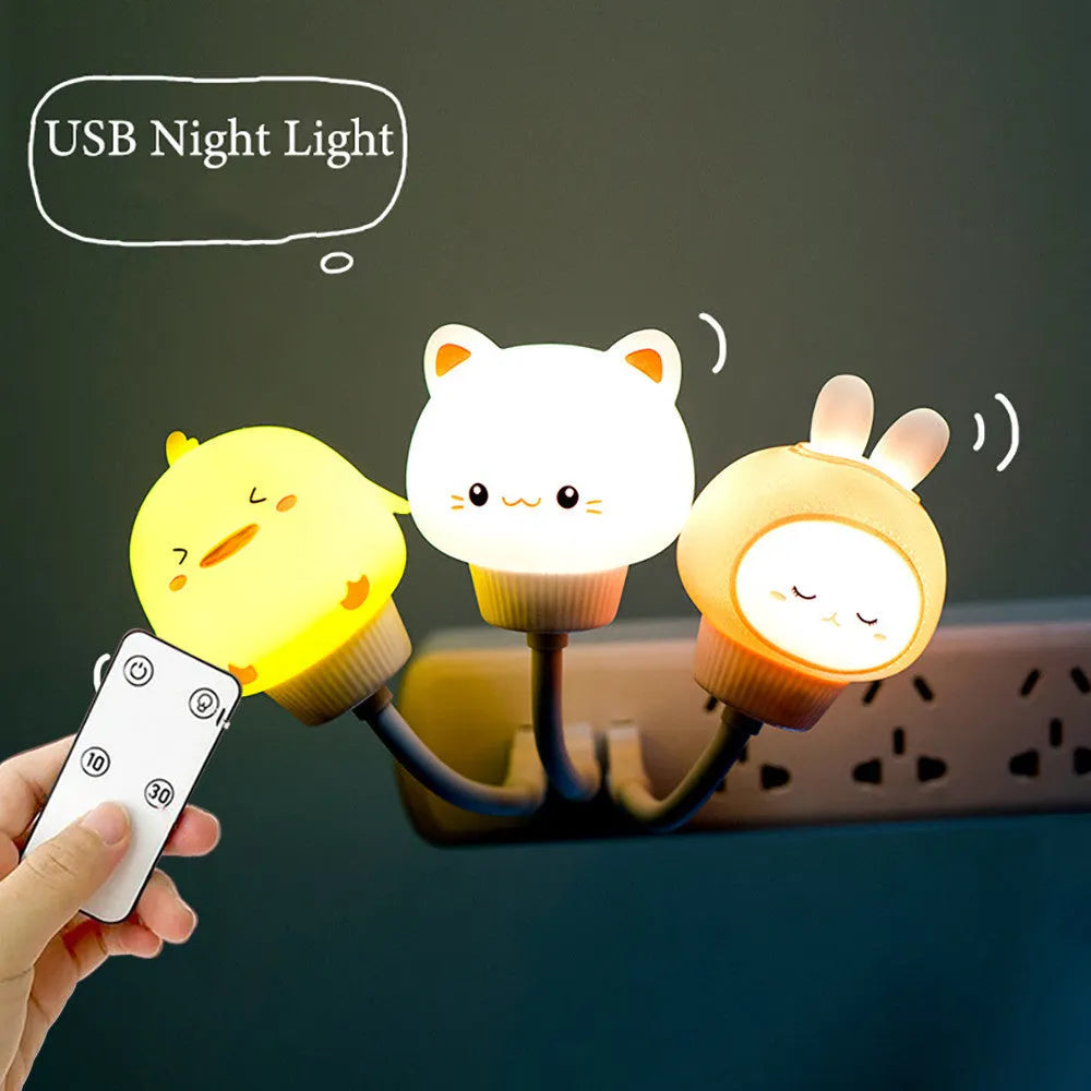 Cartoon animal-shaped USB LED night light in bear design with remote control.