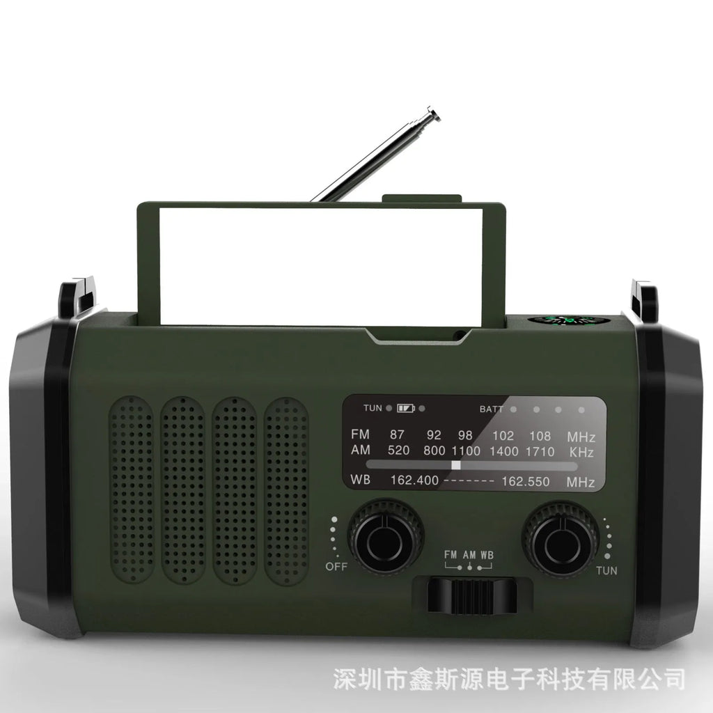 Outdoor emergency solar charging flashlight radio with ABS housing, 16x6x8.5cm, in army green, showing front panel with screen and speaker