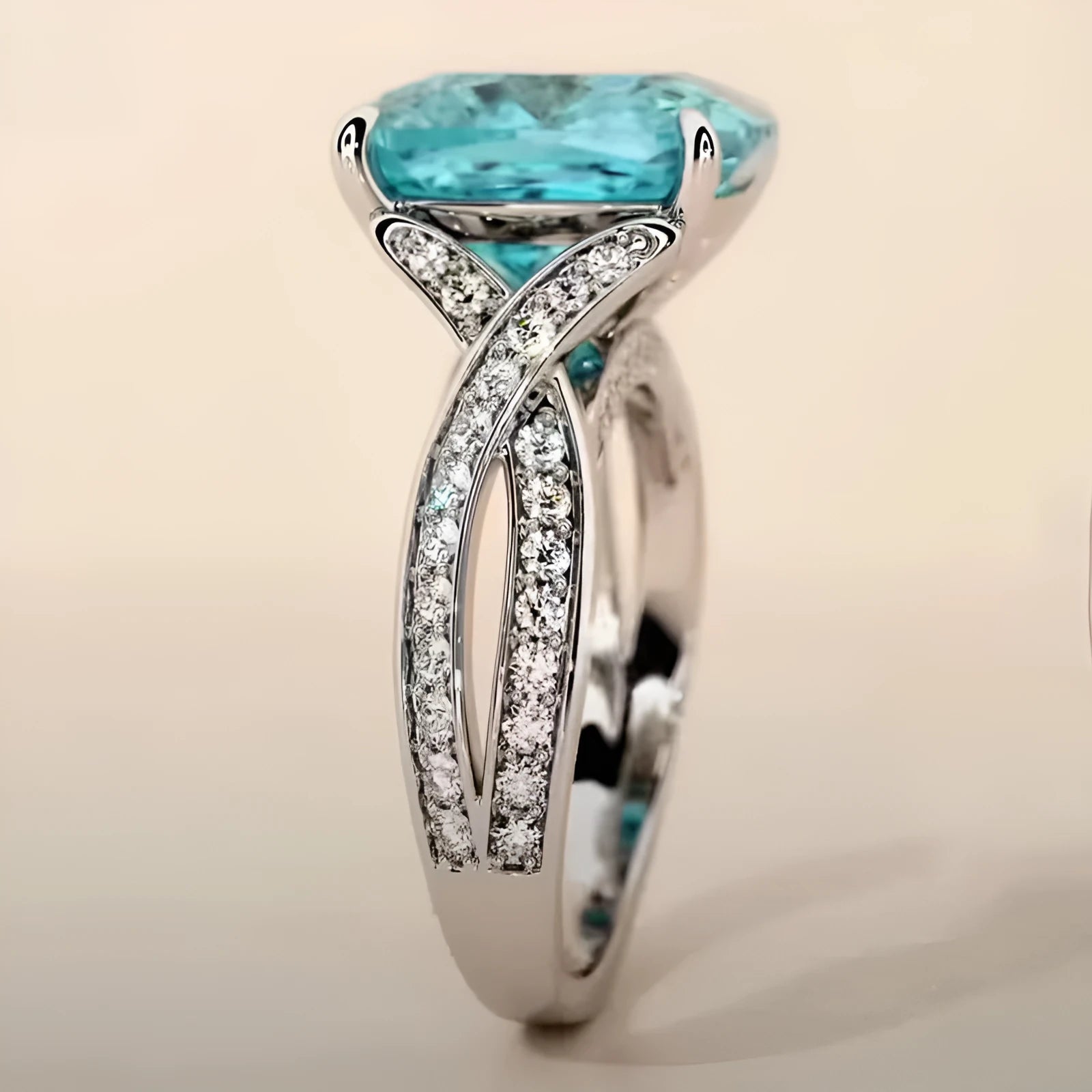 Blue cubic zirconia square women's fashion ring on adjustable metal band