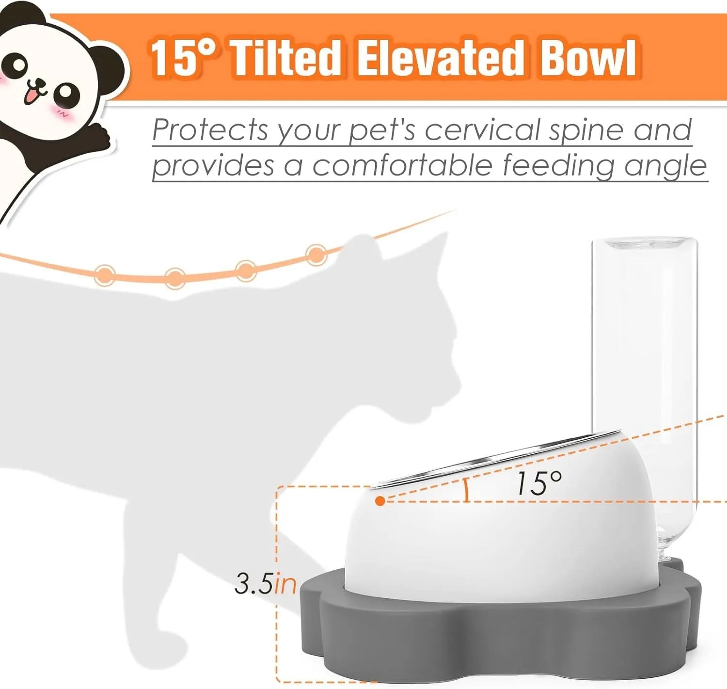 Grey panda-shaped automatic water dispenser and tilted stainless steel feeding bowl set for cats and small dogs
