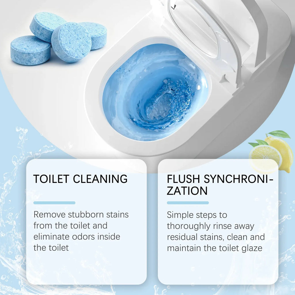Pack of 12 automatic toilet bowl cleaner sheets with decontamination formula on white background