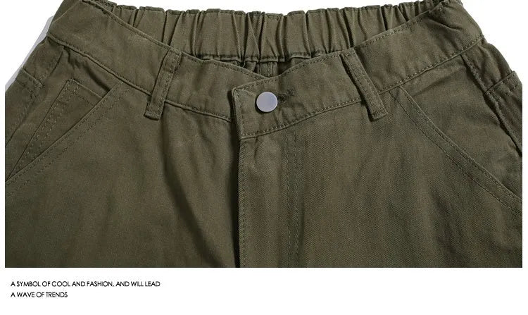 Cropped workwear pants in wide-leg design showing apricot, red, and army green colour options